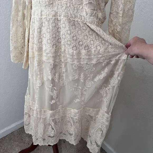 Reba Midi Beige Antique Lace Dress Women Large Romantic Boho Long Sleeve - Picture 3 of 9